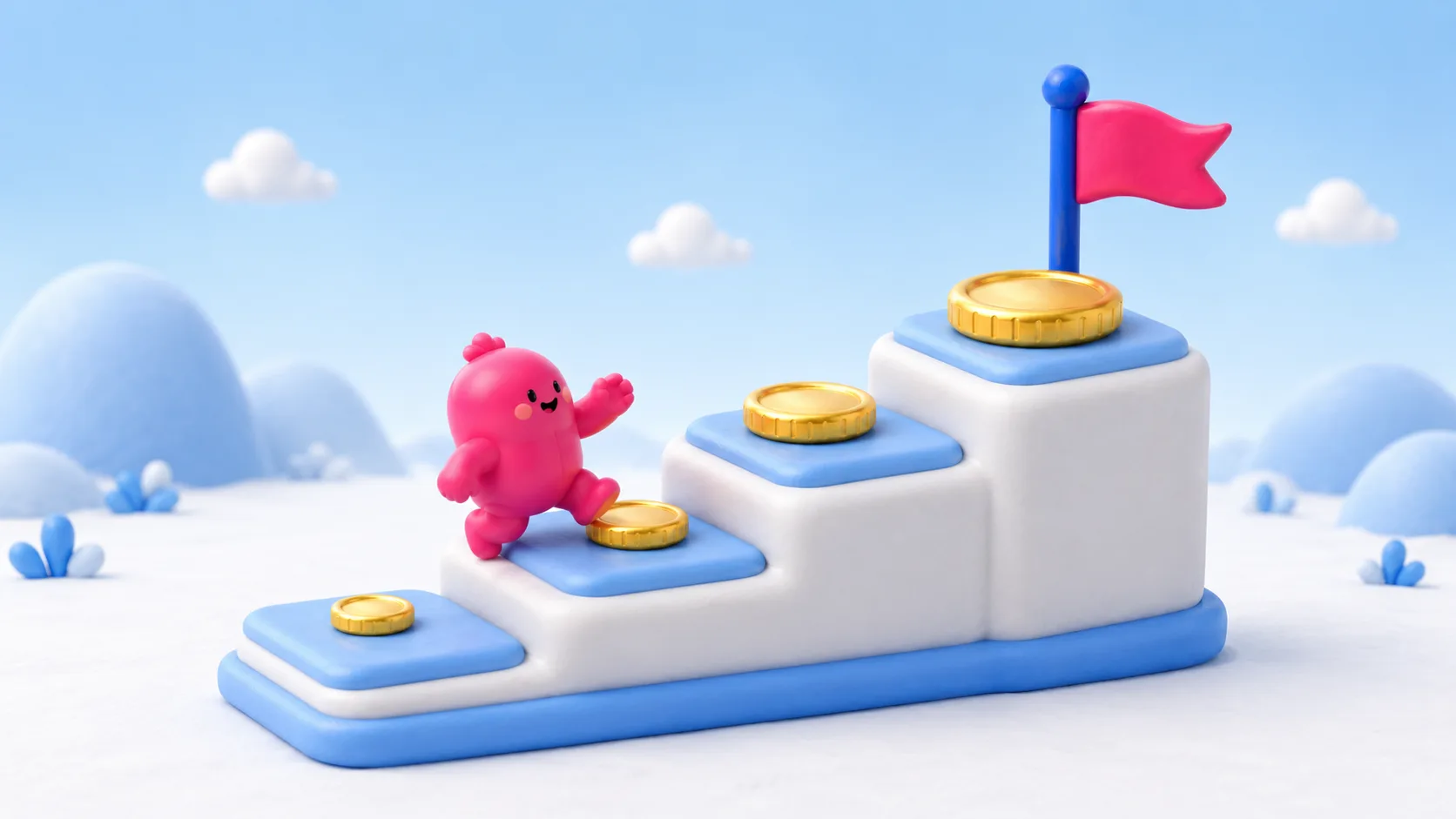 Illustration of a character climbing a payout ladder toward a flag
