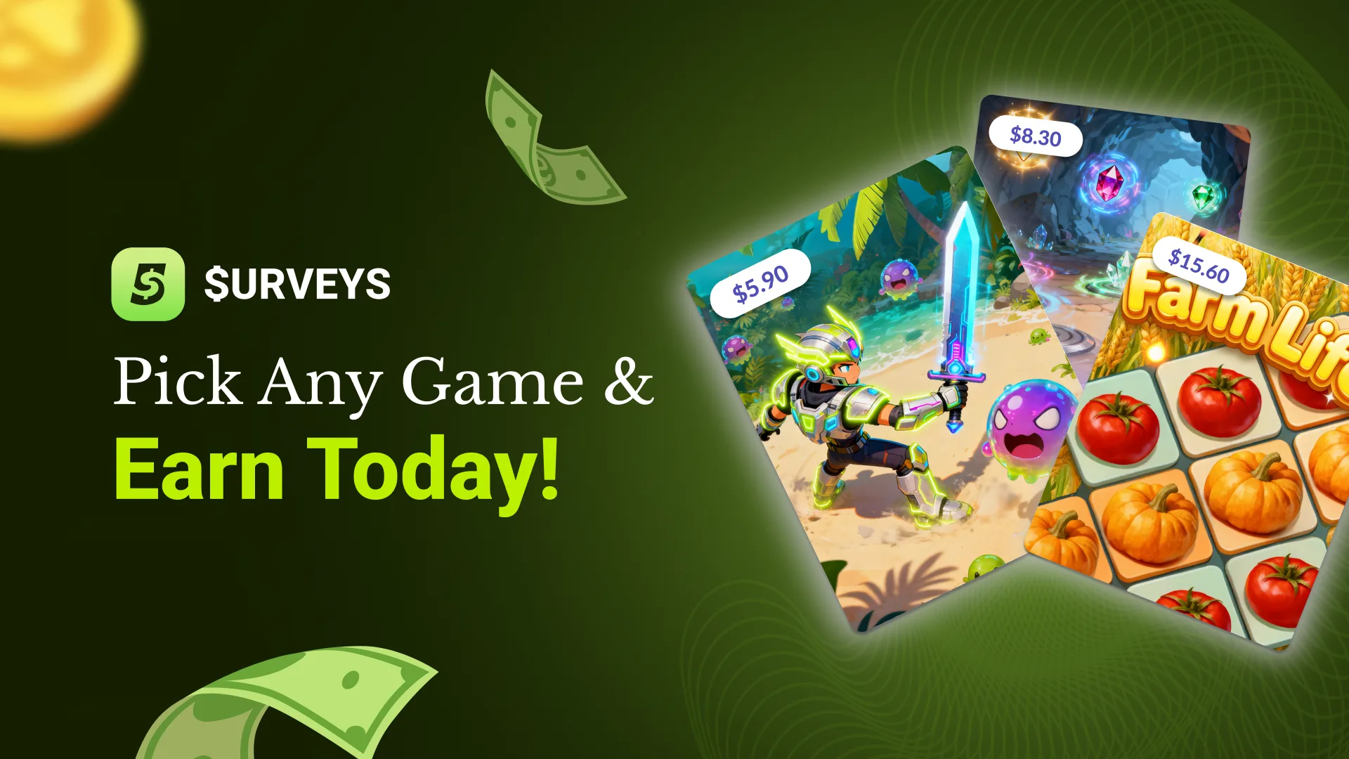 Five Surveys promotional art: pick any game and earn today