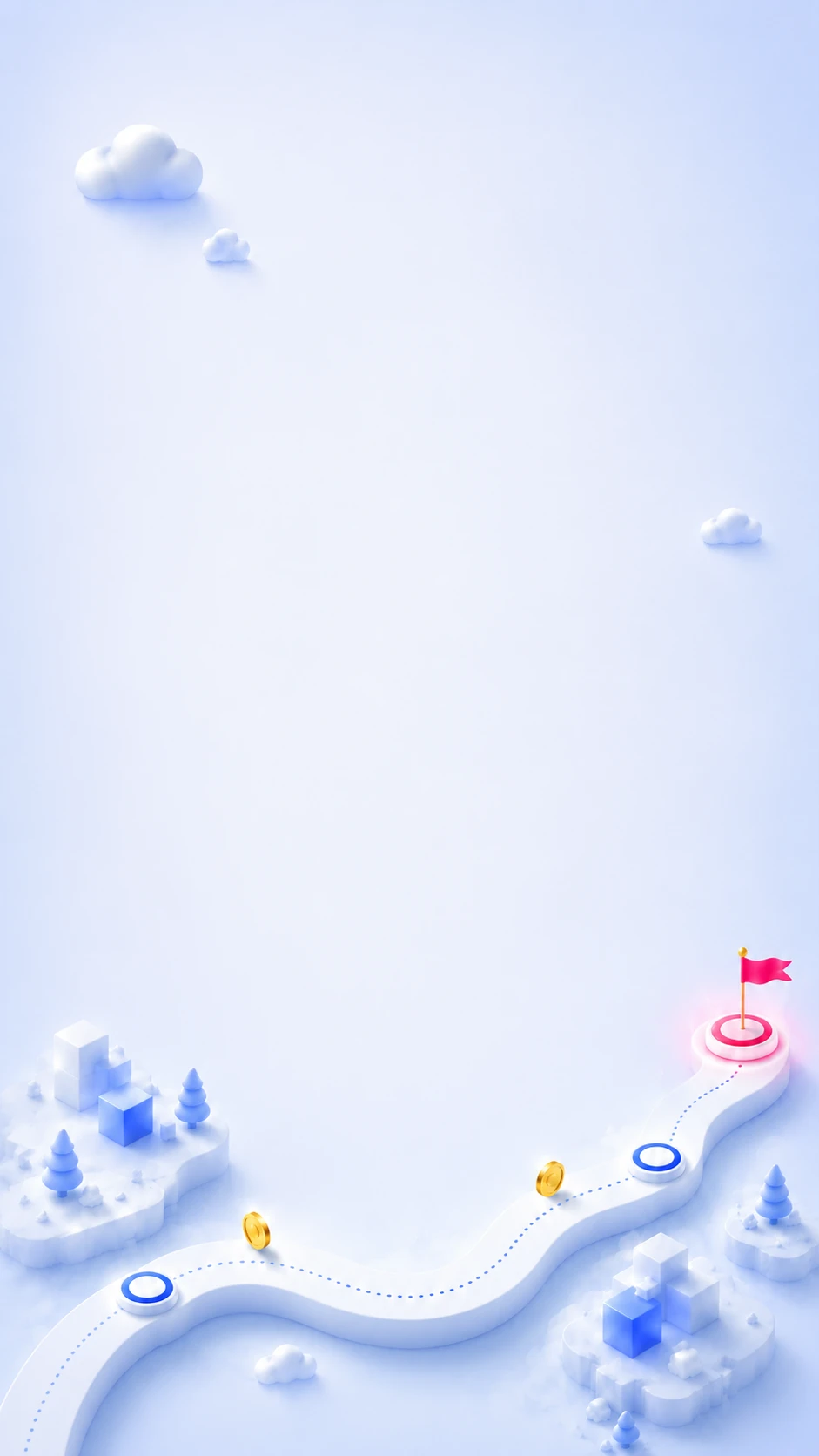 Illustrated path with coins and a finish flag representing rewarded play progression