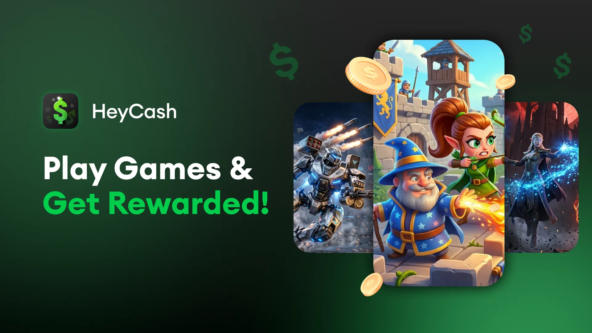 HeyCash promotional art: play games and get rewarded
