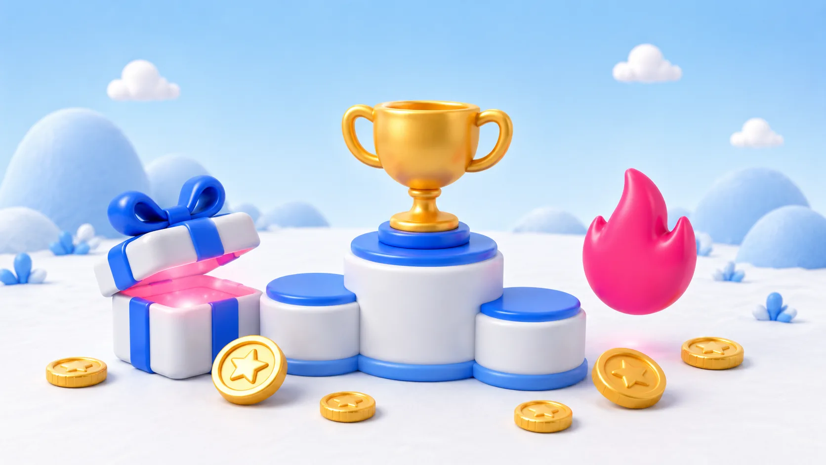 Illustration of a trophy, gift box, and streak flame on a podium