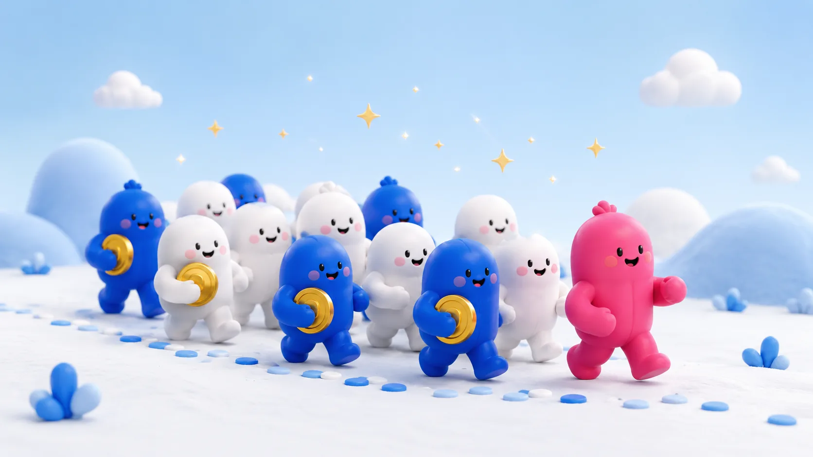 Illustration of rewarded users carrying coins across a soft landscape